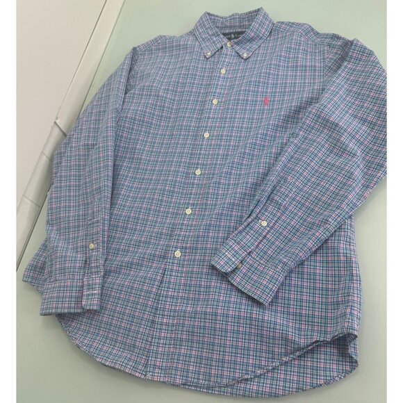 Polo Ralph Lauren Men Shirt Large L Madras Button UP Long Sleeve Blue Pink - Picture 2 of 8
